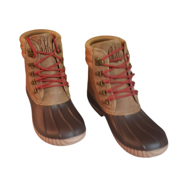 Marleylilly Women’s Duck Boots Sz 9 Tan Brown Waterproof Faux Leather Monogram - Picture 1 of 13